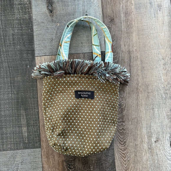 bagolitas Handbags - Bagolitas by Janice Fringe Mini Tote Bag Brown Aqua Textured Fabric Purse